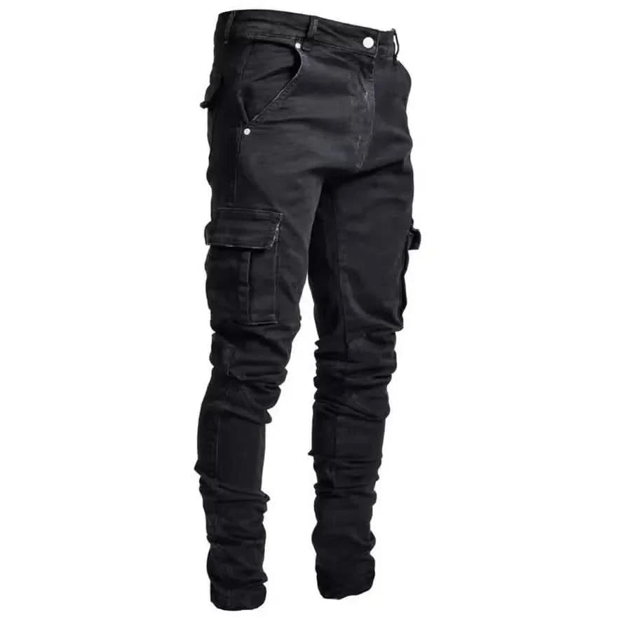 Men Street Elastic Denim Jeans Wash Solid Color Multi Pockets Cargo Pants Casual Slim Fit Daily Wear Joggers Mid Waist Trousers - M & M Global