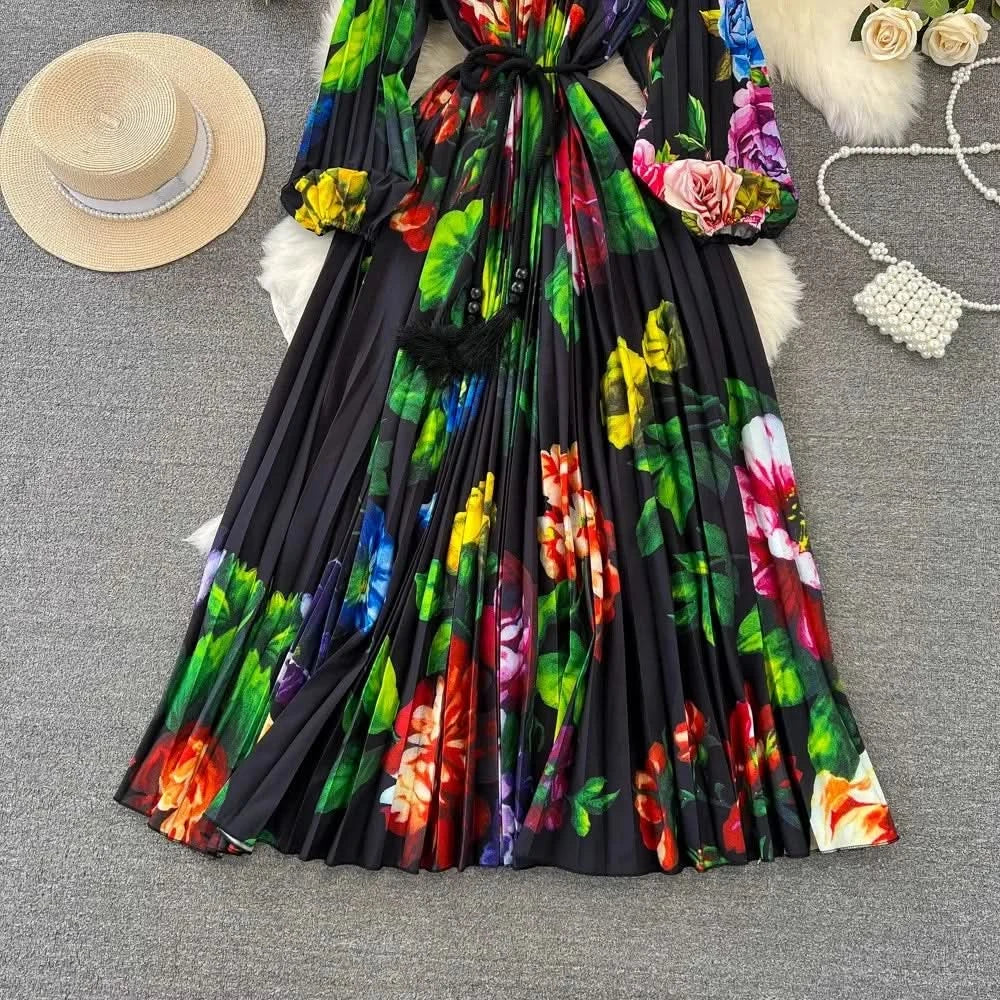 Spring Holiday Print Long Dress For Women Fashion Loose Lantern Sleeve Party Robe Female Big Swing Tassels Belt Pleated Clothes - M & M Global