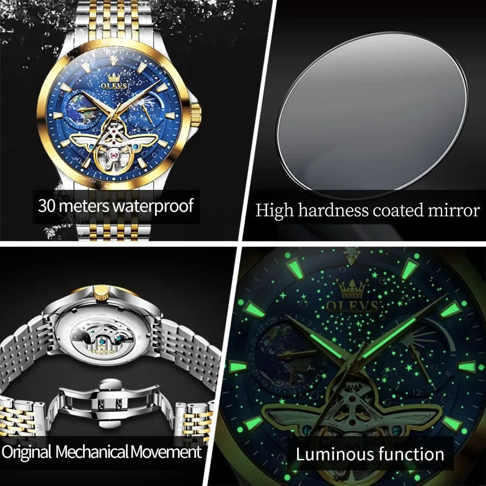 OLEVS Luxury Brand Men's Watches Luminous Waterproof Fully Automatic Mechanical Watch Starry Sky Dial Moon Phase Hollow Out - M & M Global
