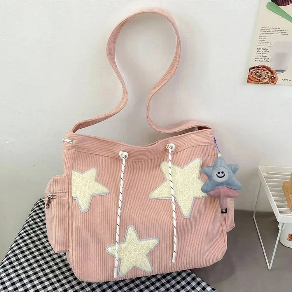 Women Star Pattern Corduroy Crossbody Bag Casual Tote Lady Fashion Large Capacity Shoulder Bag Girl Travel Messenger Bag Handbag - M & M Global