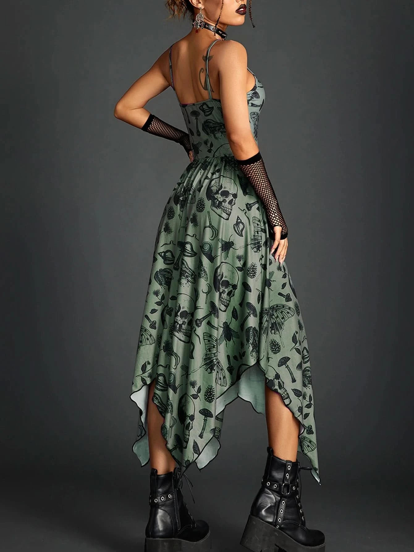 Goth Dark Fairy Grunge Y2k Aesthetic Skull Graphic Dresses Mall Gothic Shirring Lace Up Long Dress Punk A-line Slim Emo Clothing - M & M Global