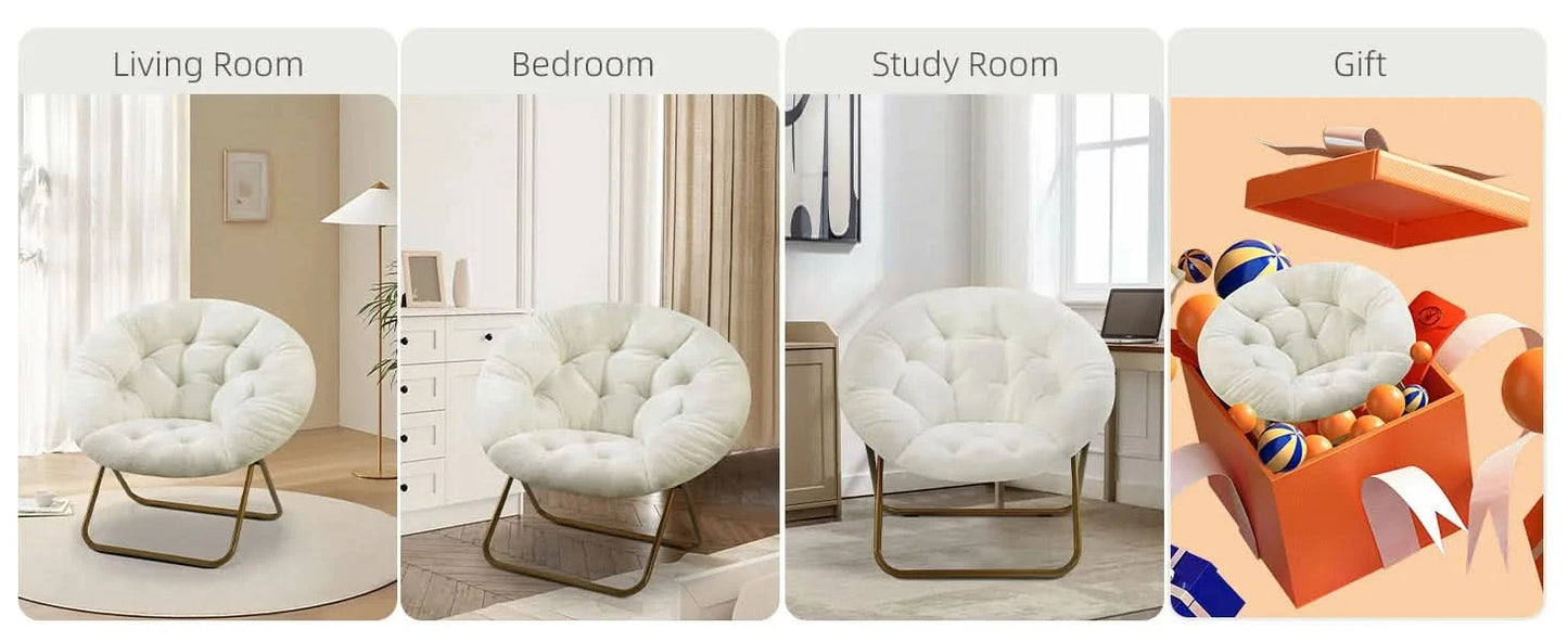 JHK Cozy Saucer Chairs Faux Fur For Living Room Folding Thick Padded Seat Metal Frame X-Large Reading Lounge Furniture