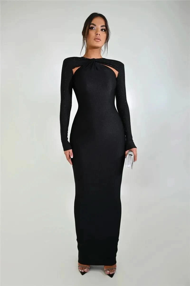 Mozision Hollow Out Sparkle Long Sleeve Maxi Dress For Women Glitter Vestidos Robe New Bodycon Shiny Night Club Party Long Dress - M & M Global