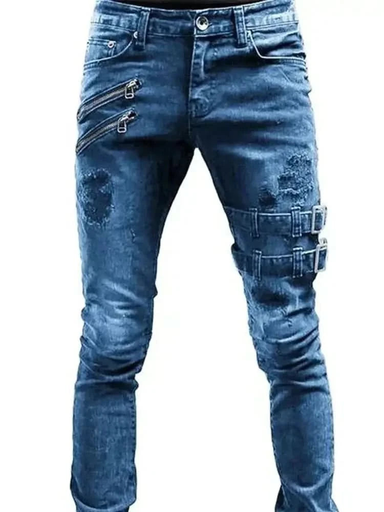 Retro Moto Biker Straight Elastic Jeans Men Zipper Hole Streetwear Punk Skinny Denim Cargo Pants Pantalones Hombre Y2K Clothing - M & M Global