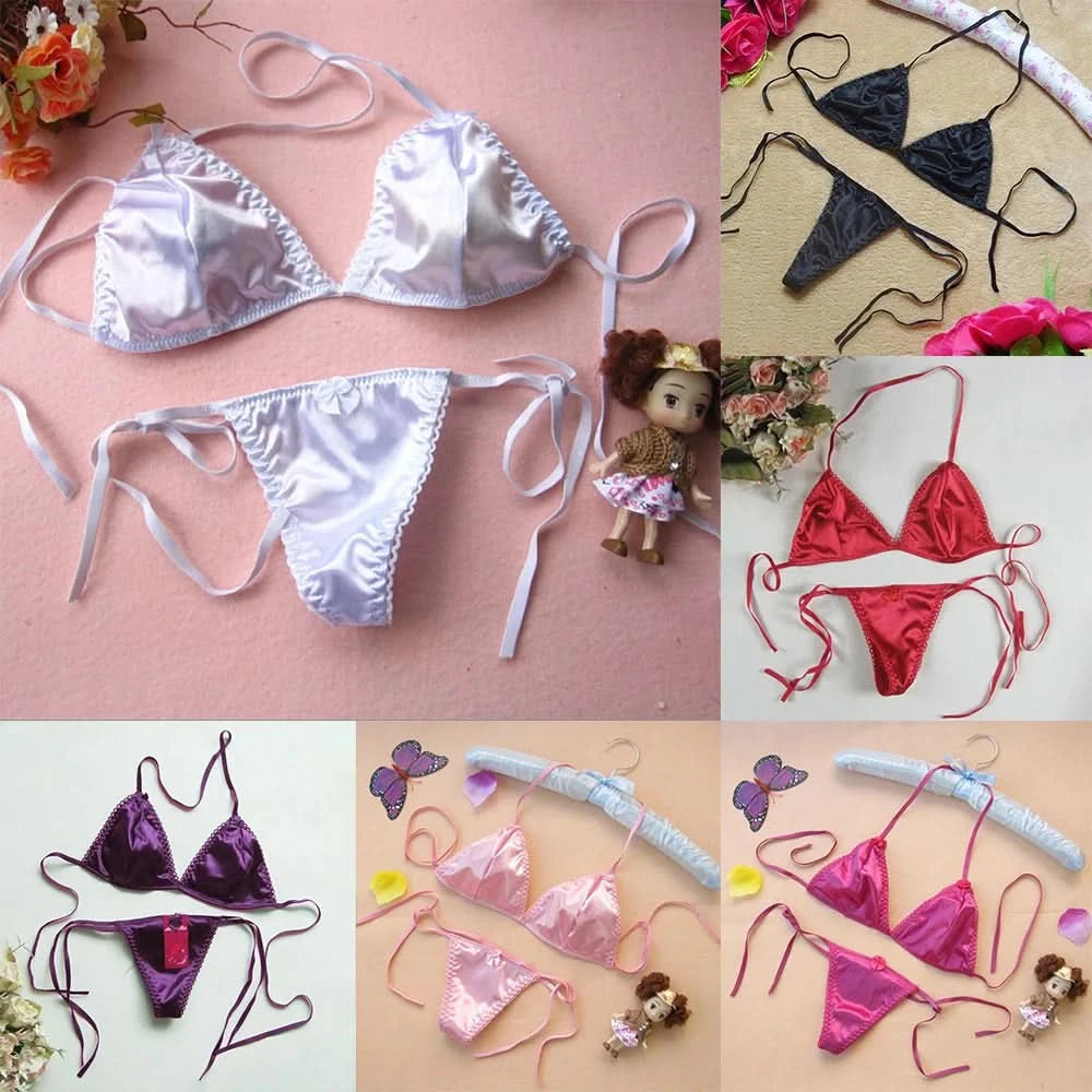 Sexy Lingerie Set Womens Satin Silk Thong Underwear Bra Panties T-back Lace Up Top Briefs Bikini Beach Swimming Bathing Suit - M & M Global