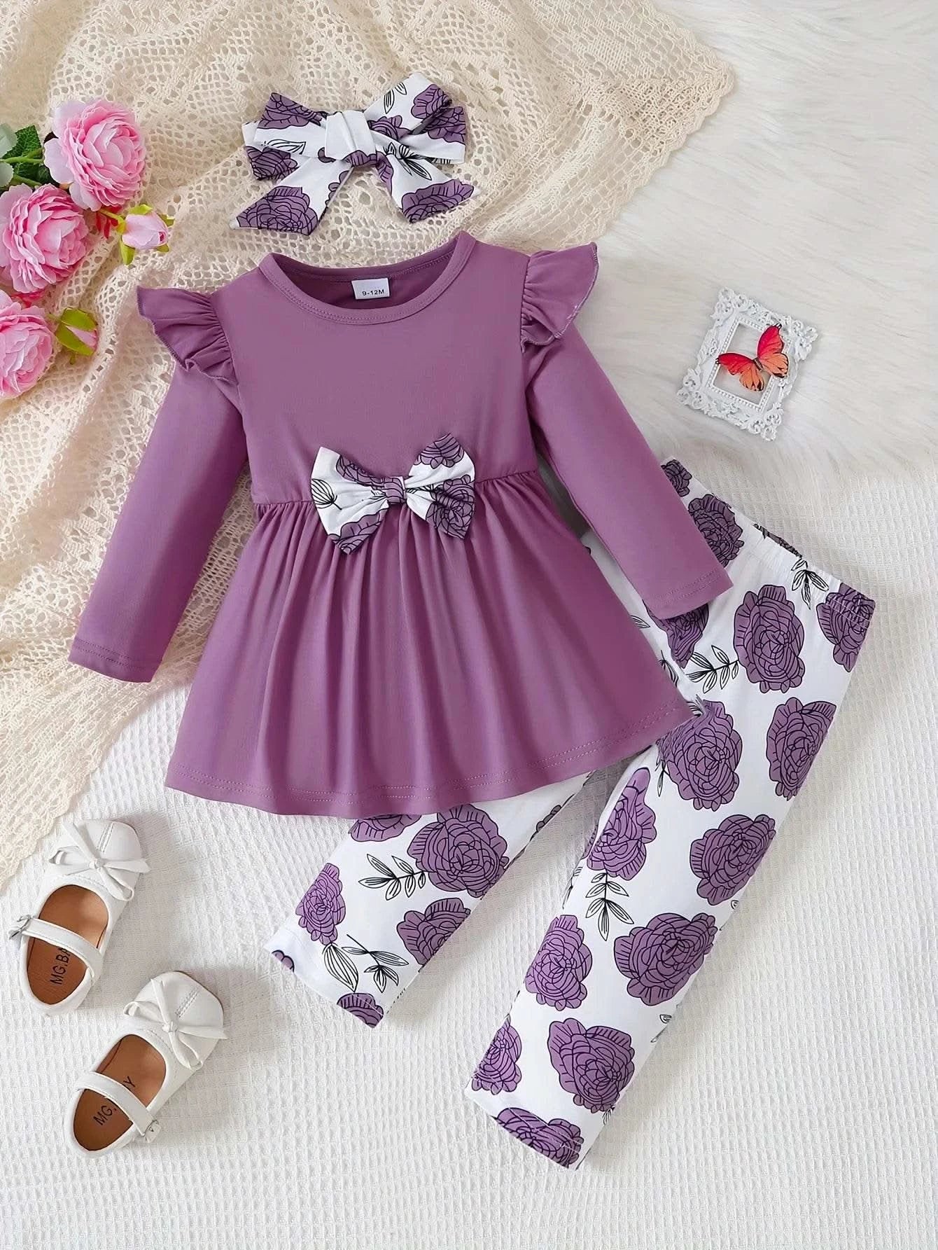 0-3 Years Baby Girl 3PCS Clothes Set Purple Short Sleeved Top+Floral Pants+Headband Fashion Toddler Girl Summer Daily Outfits - M & M Global