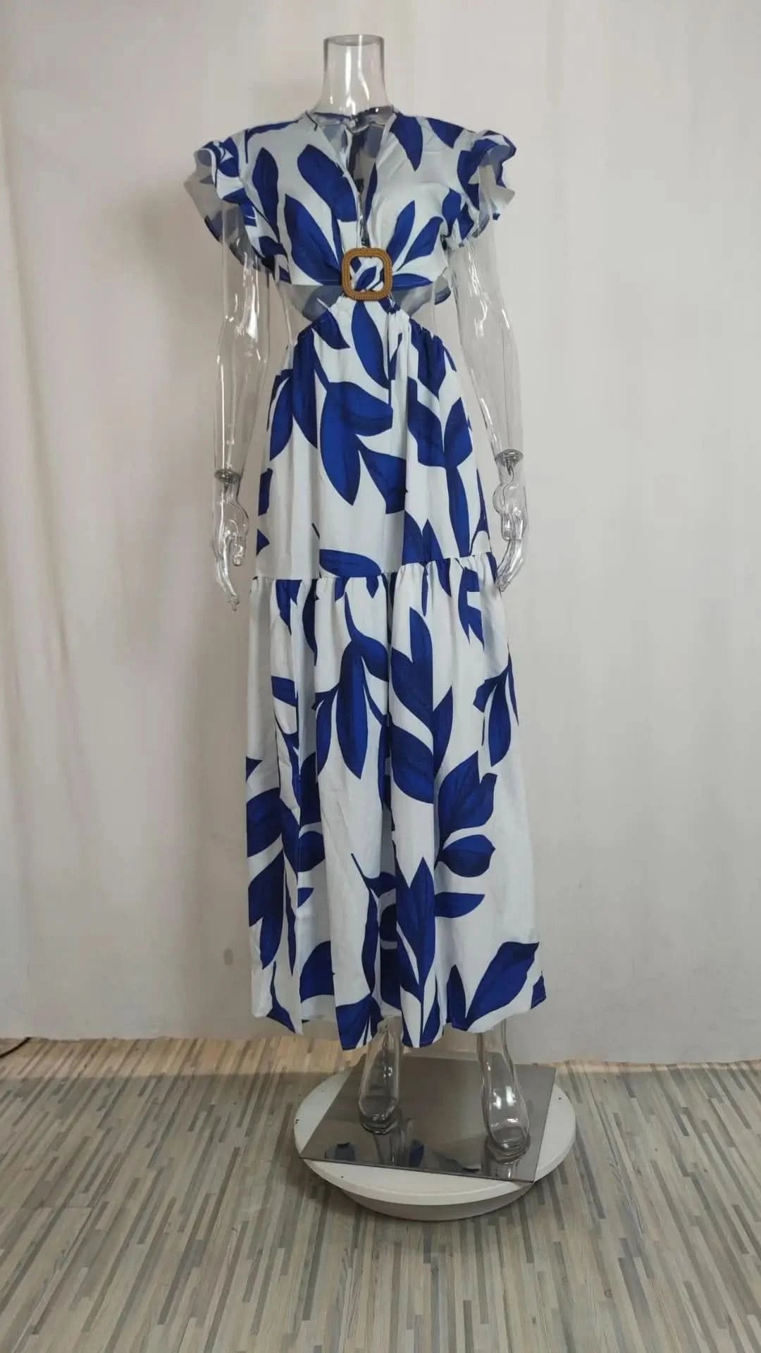 Spring Summer Women Fashion V Neck Belted Party Long Dress Sexy Printing Boho Maxi Dresses Short Sleeve Pocket Femlae Holiday - M & M Global