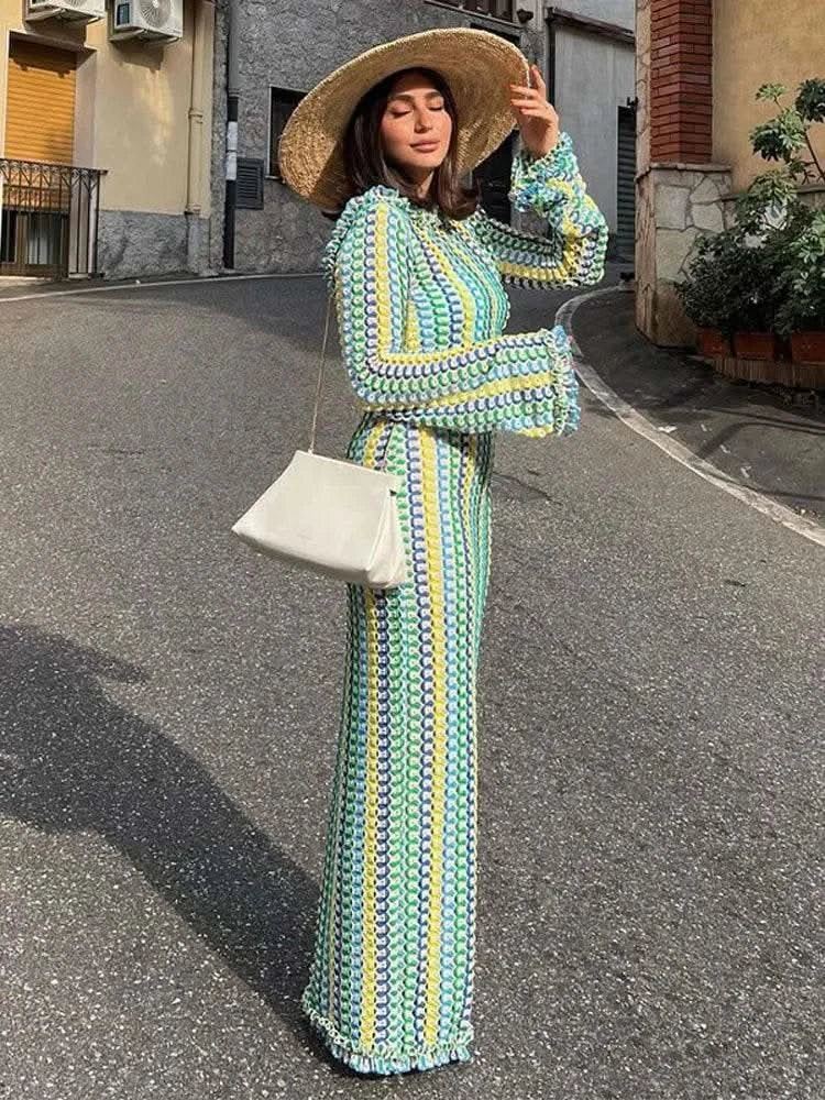Contrast A-line Vestidos 2025 Female Party Club Vacation Robes Sexy Backless Women's Flare Sleeves Long Dress Fashion Elegant - M & M Global