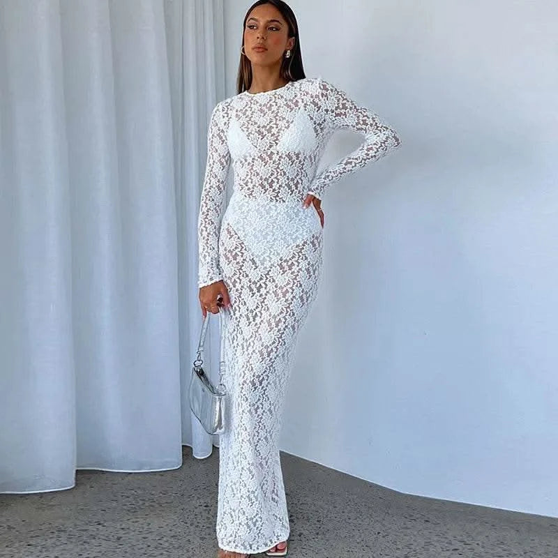 Autumn Fall Women Sexy Lace See Through Streetwear Bodycon Black Long Dress Wholesale Items For Business - M & M Global