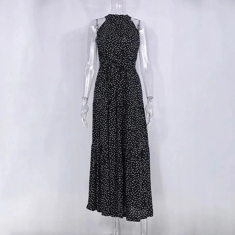 Summer Floral Print Halter Neck Dresses For Women Sleeveless Leace-up Long Dress Casual Beach Holiday Vestidos Female Clothing - M & M Global