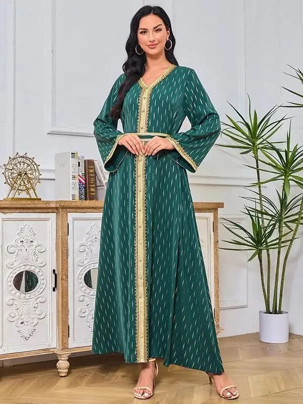 Ramadan Luxury Muslim Fashion Bat Sleeve Moroccan Turkiye Dubai Dress Middle East Arab Dress Sequins Golden Velvet Long Dress - M & M Global