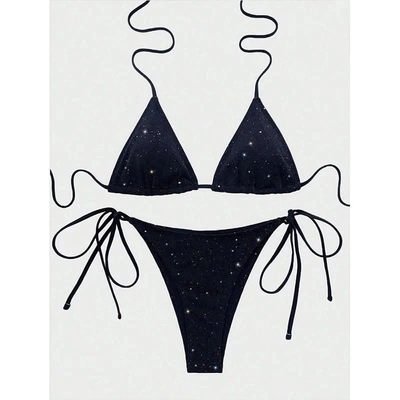 Sexy Laced Up Sequins Bikini 2 Piece Set Women Solid Split Swimsuit High Waist Beach Bikini 2025 New Summer Swimwear Bikinis Set - M & M Global