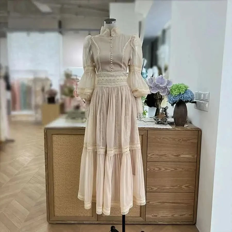 UCXQ Elegant Long Dress Fairy Style Stand Up Collar Lantern Sleeves Splicing Waist Fashion Dresses Women 2025 Spring Autumn 1351 - M & M Global