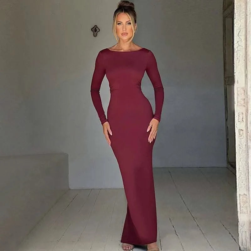 Dulzura O-Neck Long Sleeves Ruched Backless Maxi Dress Solid Sexy Elegant Long Dress Women’S Party Prom Clubwear Autumn Winter - M & M Global