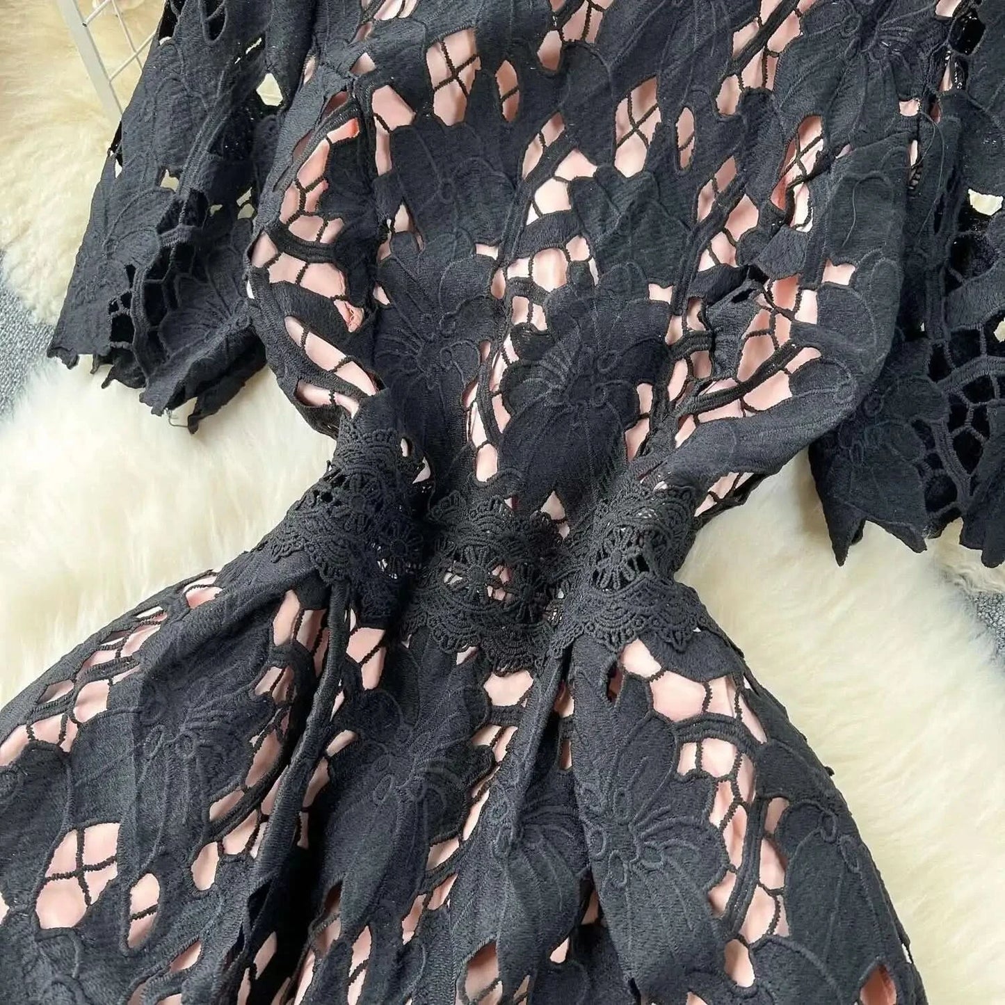 Elegant Flower Embroidery Lace Hollow Out Midi Dresses Women's 2025 Summer O Neck Short Sleeve Casual Long Dress Party Vestidos - M & M Global