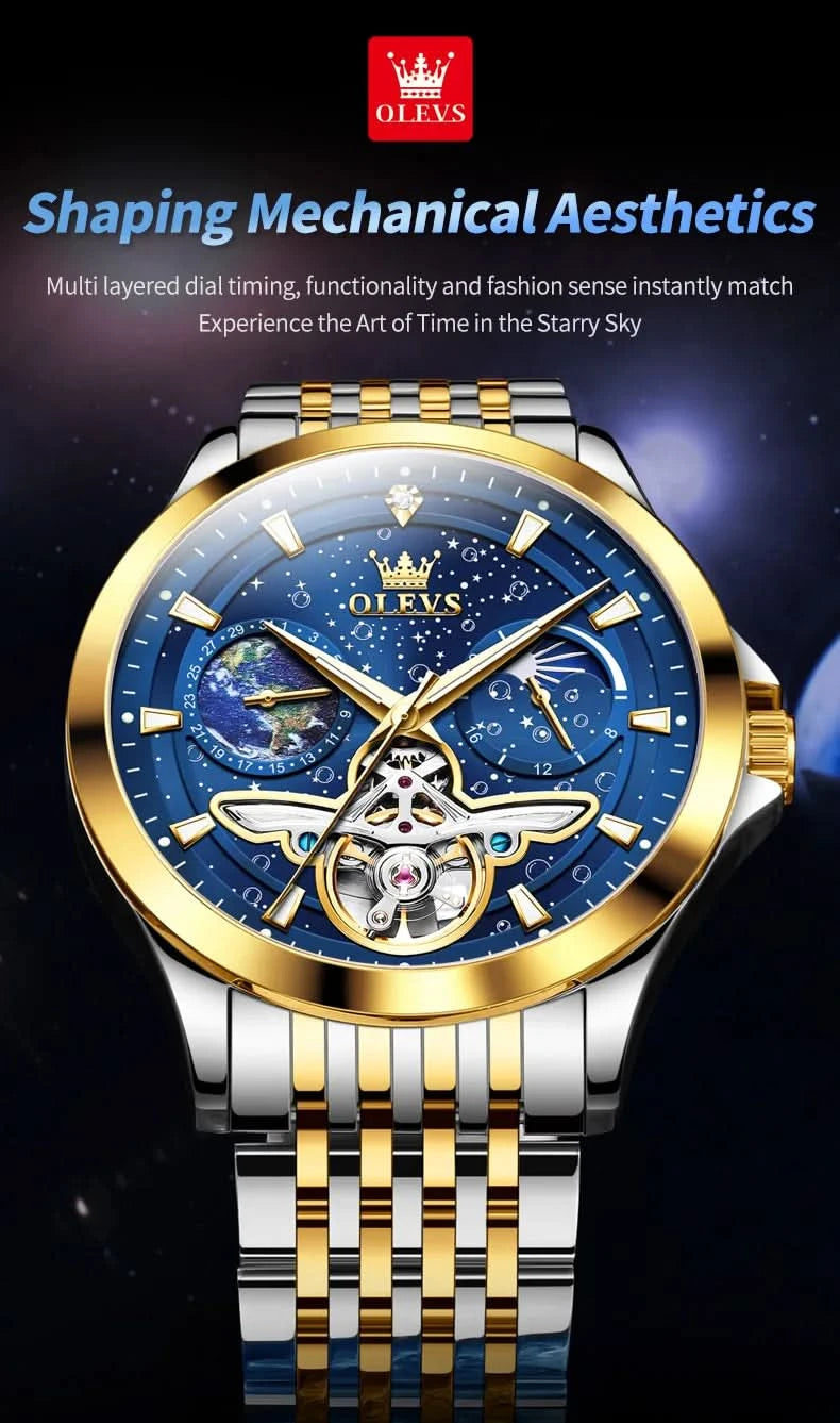 OLEVS Luxury Brand Men's Watches Luminous Waterproof Fully Automatic Mechanical Watch Starry Sky Dial Moon Phase Hollow Out - M & M Global