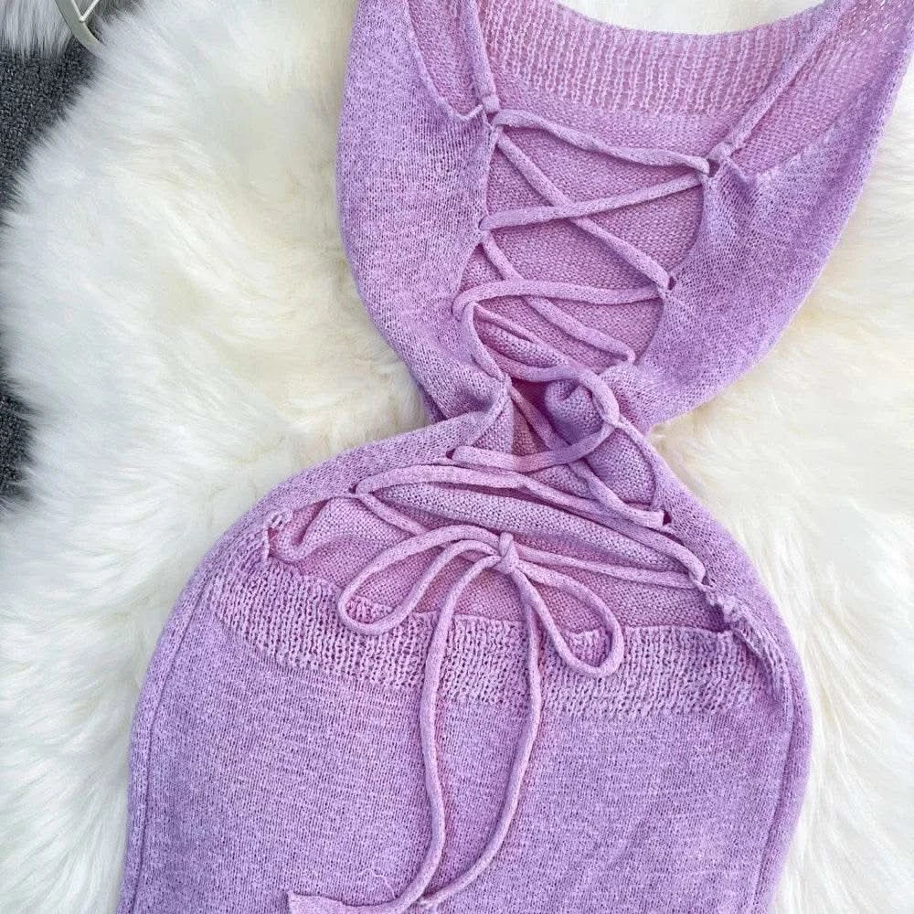 Blue/purple Summer Knit Sexy Strap Dress Women Tank Elatic Waist Bodycon Sundress Female Beach Split Backless Maxi Long Dress - M & M Global