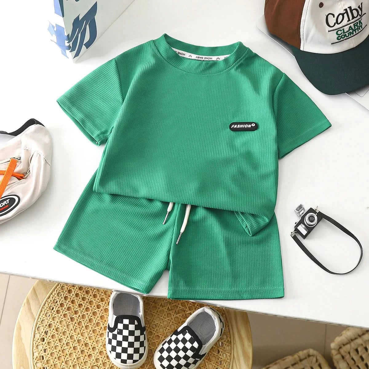 New Summer Children's Casual Set for Boys Girls Loose Short Sleeved Waffle Breathable and Comfortable Set - M & M Global