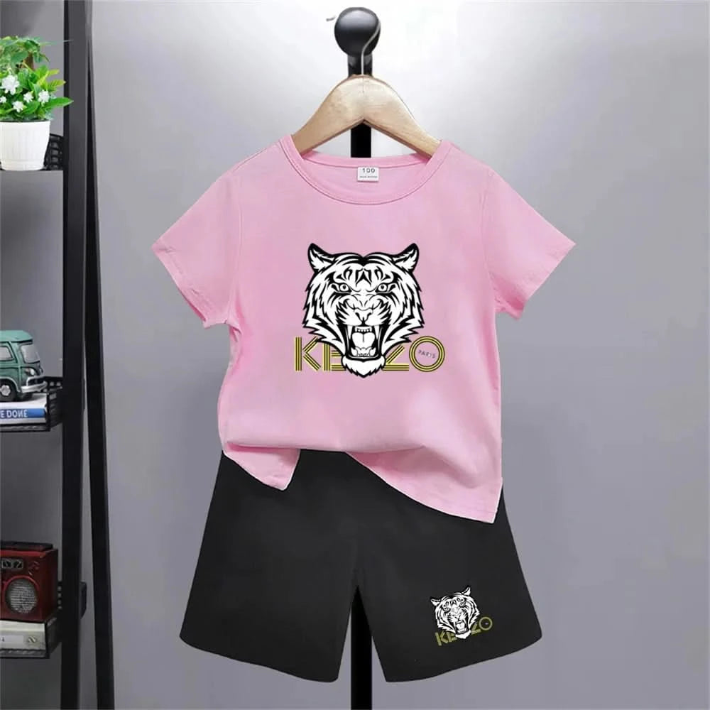 Tiger head Print Brand Kids T-shirt Boys Girls red Toddlers age 3-12 Fashion Clothing Short Sleeve+Shorts Outdoor Sports Set - M & M Global