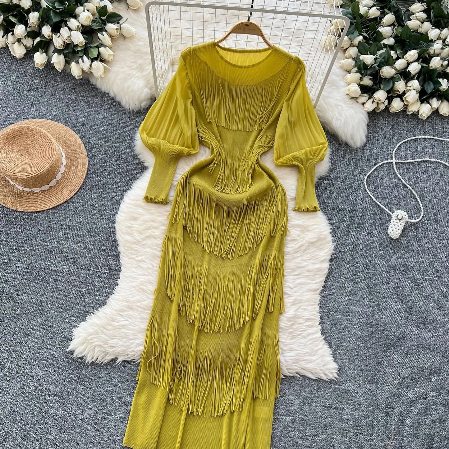 Vintage O-Neck Elegant Long Lantern Sleeve Chic Tassel Slim Long Dress French Fashion Evening High Street Autumn Winter Clothing - M & M Global