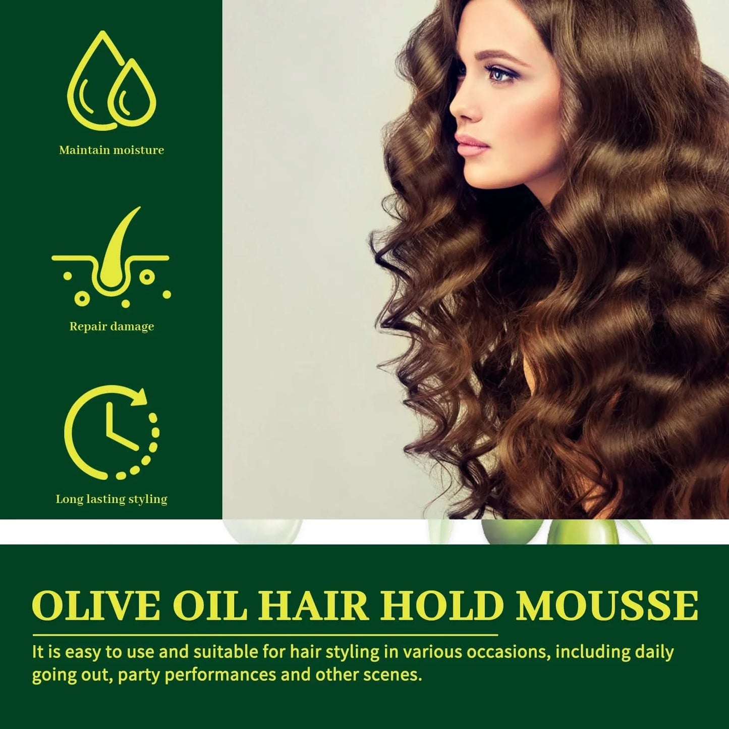 Olive Oil Hair Hold Mousse Anti Frizz Lasting Nourishing Natural Hair Wave Curl Fluffy Hairspray Hair Hold Spray for Hairstyle - M & M Global