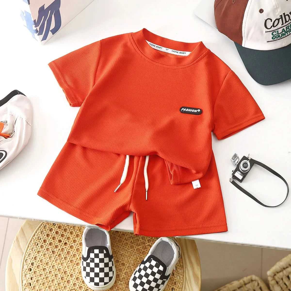 New Summer Children's Casual Set for Boys Girls Loose Short Sleeved Waffle Breathable and Comfortable Set - M & M Global