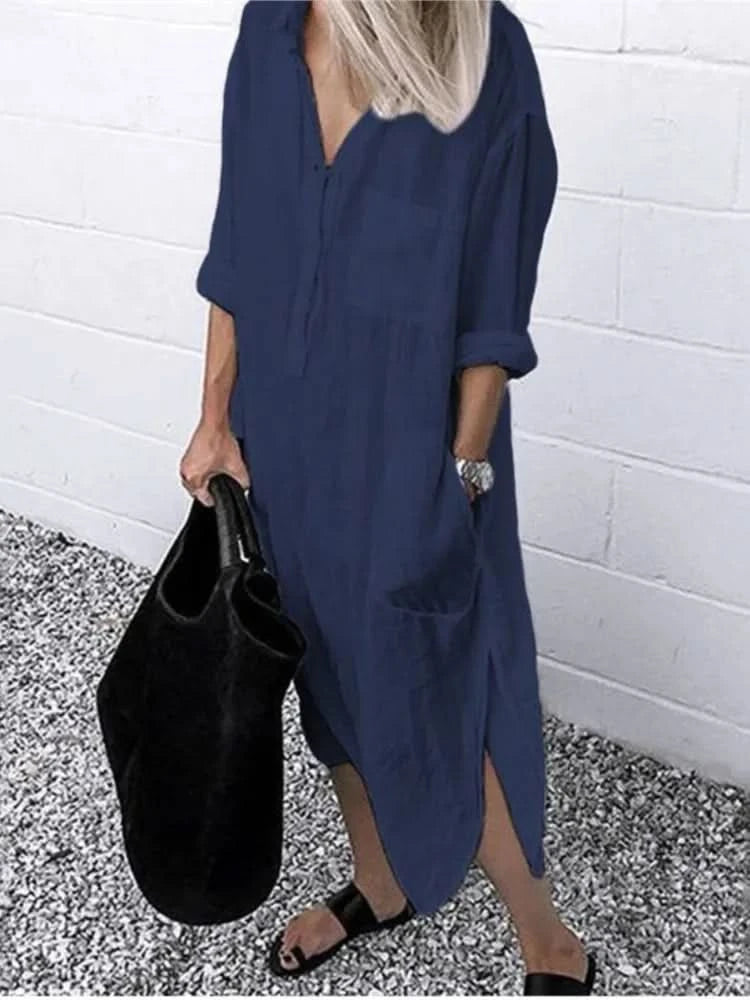 Spring Summer Women's Solid Color Loose Split Shirt Midi Dress Elegant Casual Button Pocket V-Neck Long Sleeve Long Dress 2024 - M & M Global