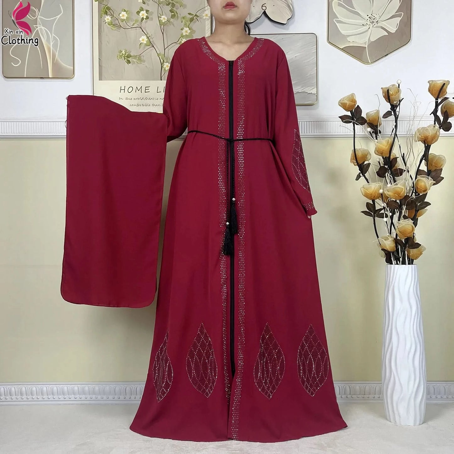 New Muslim Abayas For Women Long Sleeved Dress Dubai Lady Elegant Long Dress Islam Clothing African Abaya Loose Robe With Turban - M & M Global