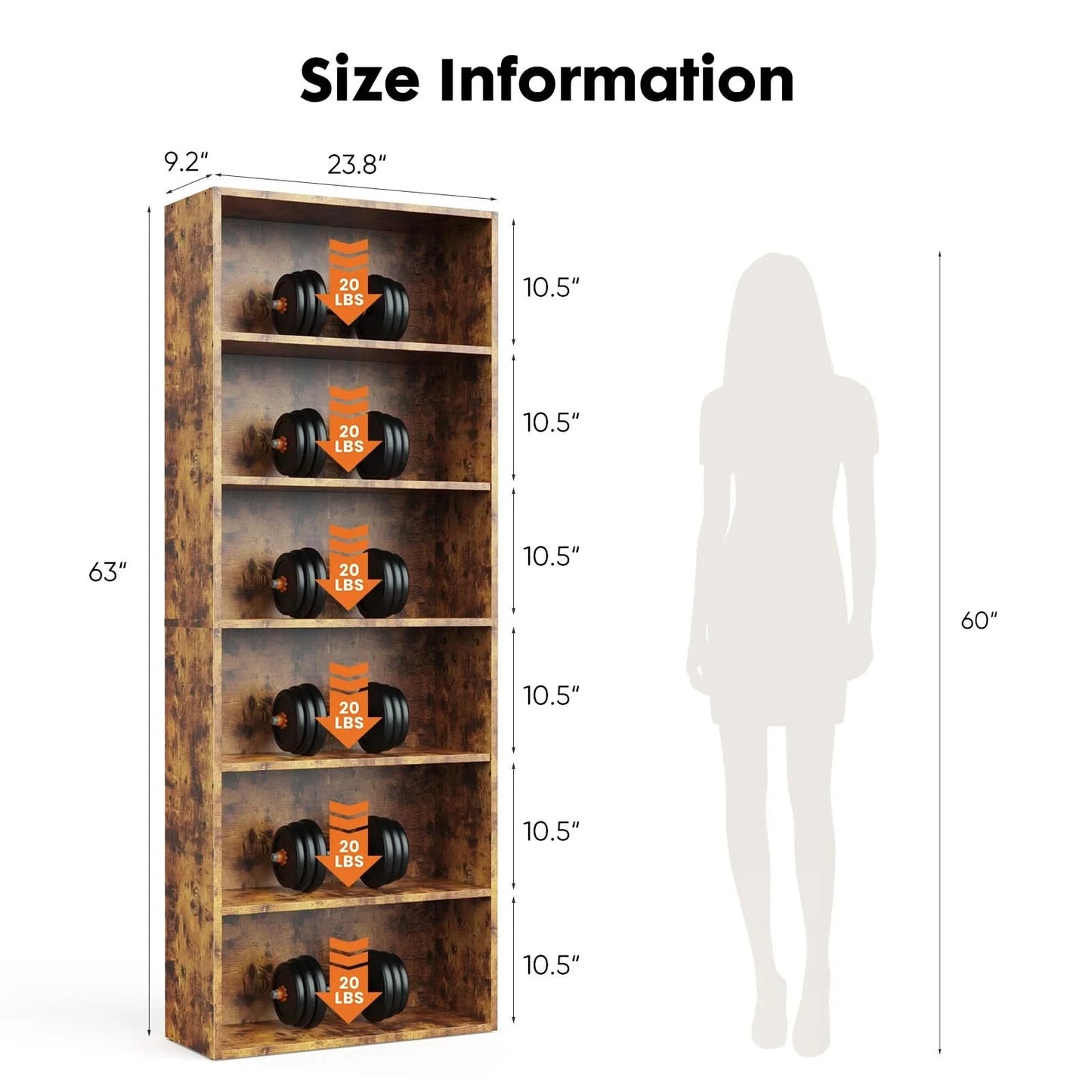 JHK 6 Tier Wooden Shelf Bookcase 63 Inch Tall Floor Standing Open Bookshelf for Living Room and Home Office Personalized Storage