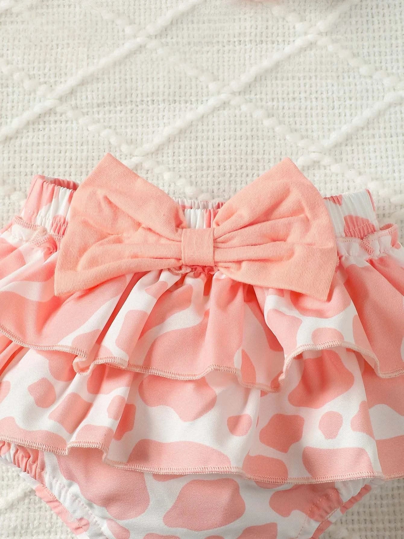0-2 Year Old Baby Summer Solid Color Short Sleeved Letter Printed Round Neck Bread Shorts Bow Set Baby Clothing - M & M Global