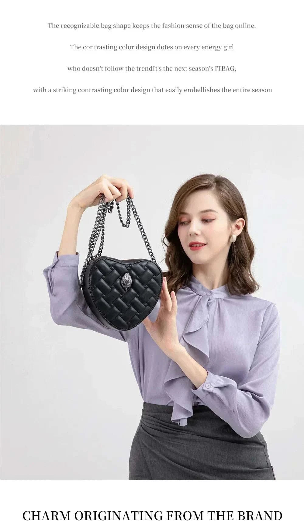 2024 Women's Heart-Shaped Herringbone Crossbody Bag with Eagle and Bird Head Shoulder Bag Chain Purse - M & M Global