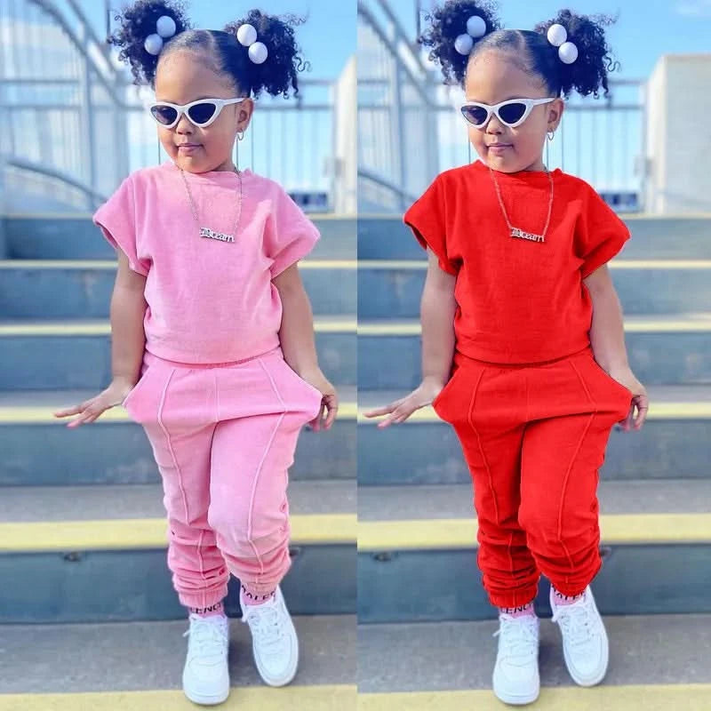 Fashion Kids Little Girls Clothing 2 Pieces Sets Cotton Solid Casual T-shirt+Elastic Waist Pants Young Children Outfits 1-6Y - M & M Global