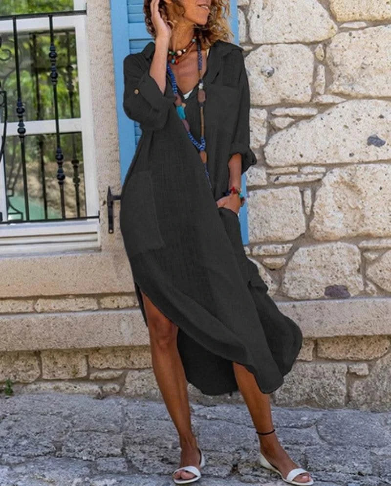 Casual Cotton Linen Loose Shirt Dress Women Summer Fashion Streetwear Split Button Long Dress White Black Beach Holiday Vestidos - M & M Global