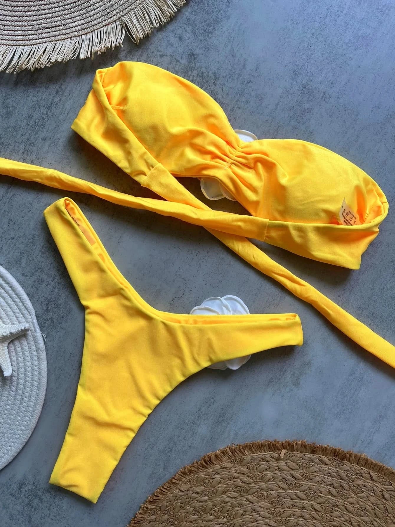 Sexy Flower Bandeau Swimwear Thong Bikini 2025 Women Lace-up Swimsuit Swimming Bathing Suit Brazilian Bikinis Sets Mujer Biquini - M & M Global