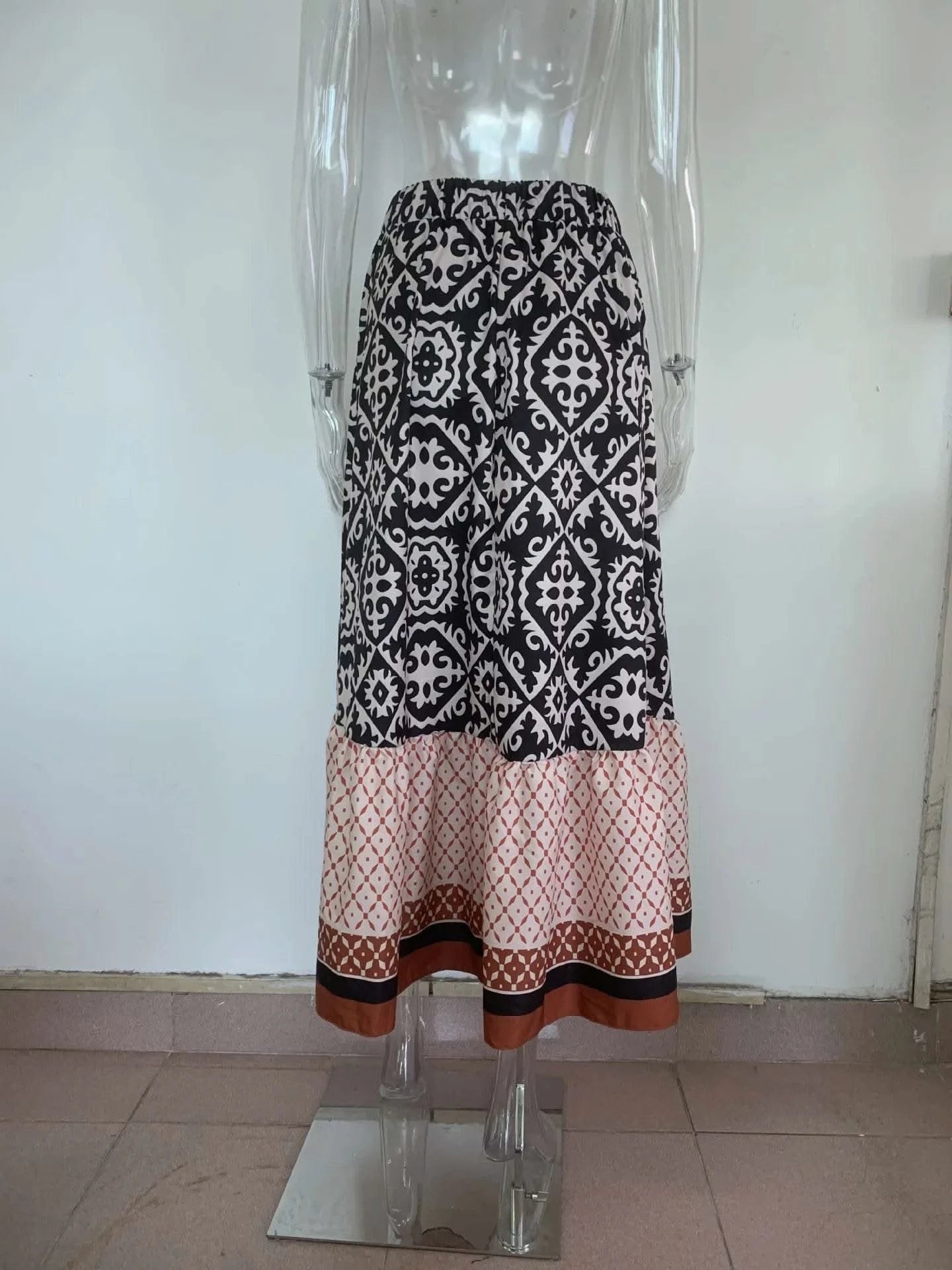 boho print maxi skirt women fashion high waist 3D printting long dress casual loose summer high waist skirts for women 2024 - M & M Global