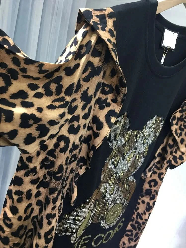 Extra size 300 pounds fat people wear summer women's dress leopard print patchwork bear rhinestone short-sleeved skirt - M & M Global