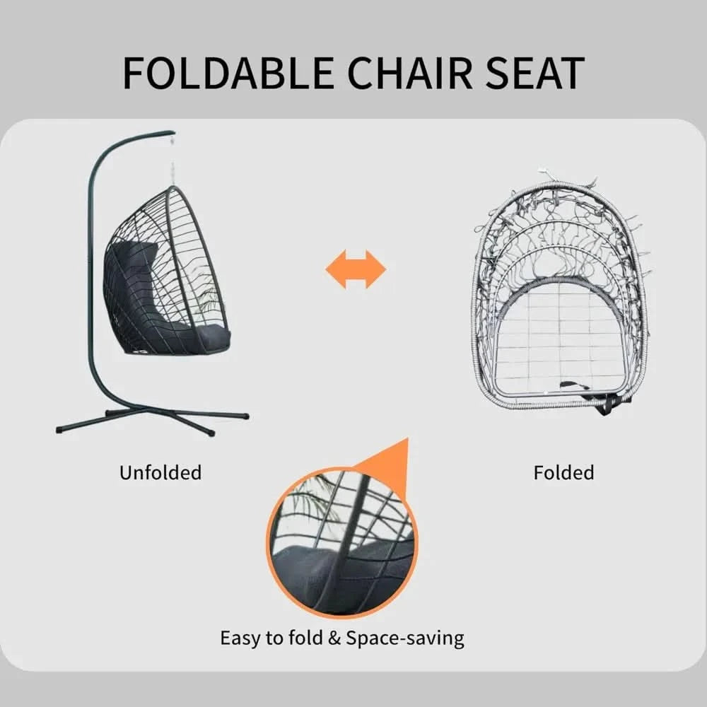 Hanging Egg Chair with Stand Indoor Outdoor, Foldable Rattan Wicker Hammock Egg Swing Chair for Bedroom Porch Patio Garden