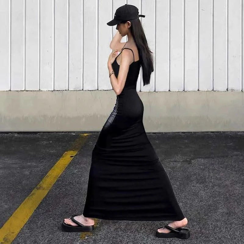 CUTENOVA Elegant Spaghetti Straps Print Long Dress Solid Color Sleeveless Square Neck Wrap Party Dress Summer Backless Cami - M & M Global