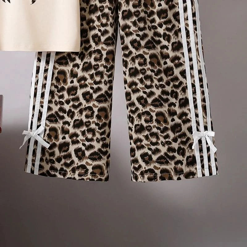 Children Clothing Sets Beige Bow Printed T-shirt & Striped Leopard Pants Trendy Girls Outfit Summer Clothing Sets 8-12 Kids Suit - M & M Global