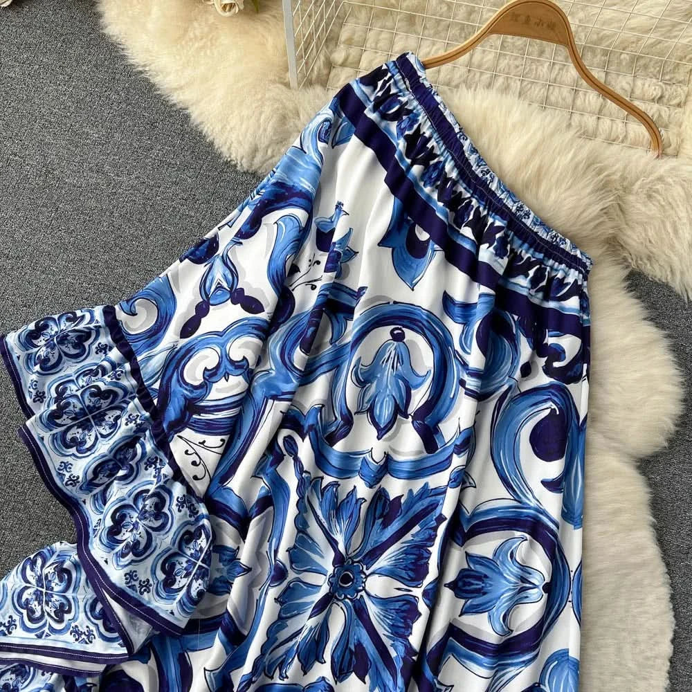 Summer Long Dress Women Runway Blue And White Porcelain Asymmetry Sexy Off The Shoulder Ruffles Hem Loose Robe Maxi Vestidos - M & M Global