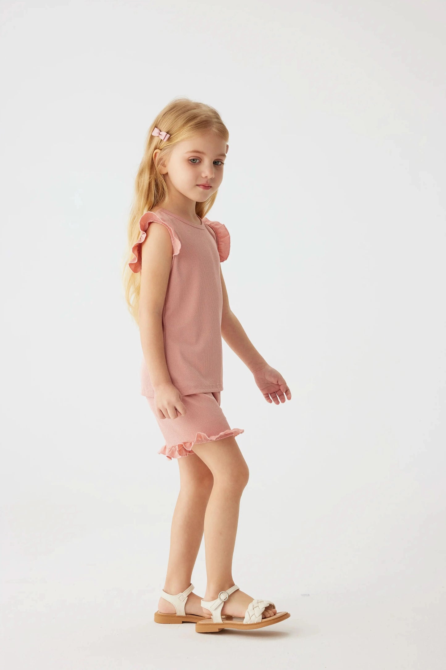 2024 Summer Hot selling Little Girl Daily Casual Clothing Minimalist Little Girl Polyester Set Cool Sleeveless Shorts Set Girl - M & M Global