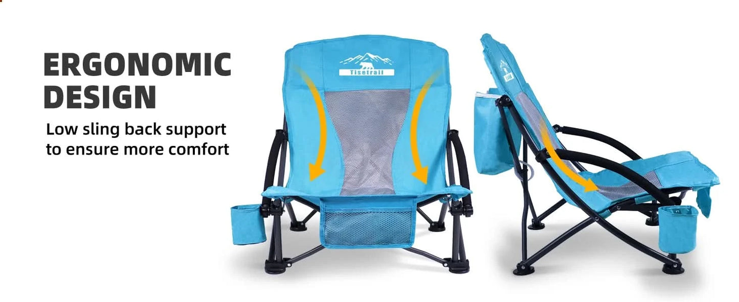 Tisetrail 2 Pack Portable Beach Chair with Cooler Bag Low Back Sling Chair with Cup Holder Folding Mesh Sand Chair Portable