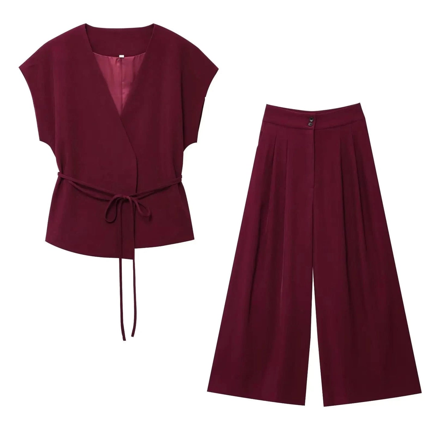 TFMLN Fashion Women's Trouser Suits Sleeveless V-Neck Top With Belt Straight Pants Sets 2025 Spring Summer Commuter 2 Piece Set - M & M Global