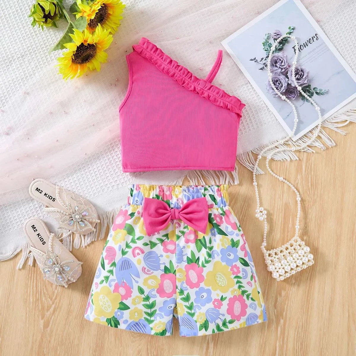 2025 Newborn Girl Baby Summer Sling Sleeveless Cotton Casual Daily Big Bow Print Baby Clothing Set - M & M Global