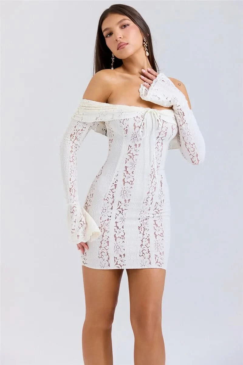 Mozision Floral Lace Off-shoulder Maxi Dress For Women White Strapless Backless Long Sleeve Bodycon Club Party Sexy Long Dress - M & M Global