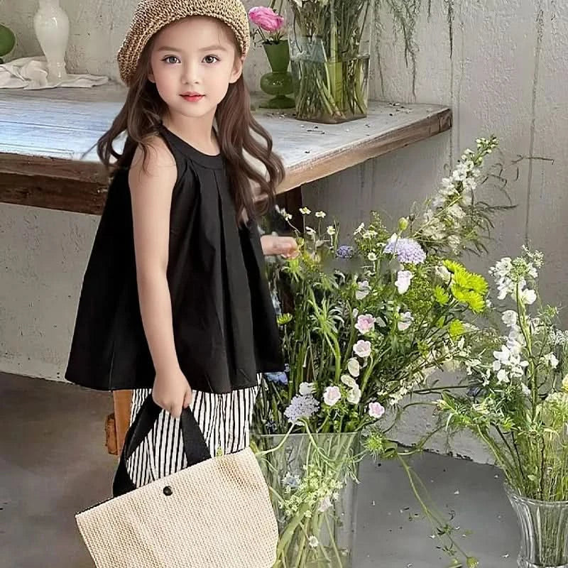 2PCS/set Vest+Striped Wide Leg Pants Summer Daily Simple Sleeveless Children's Clothing For 1 to 8 Years Old - M & M Global