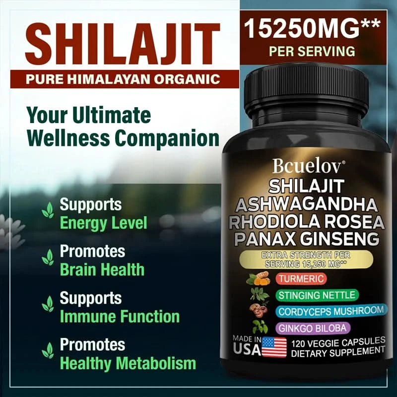 Shilajit Resin Himalaya Capsules - 15250 mg - Combination of Ashwagandha, Ginseng, Cordyceps, Ginkgo, Turmeric - M & M Global