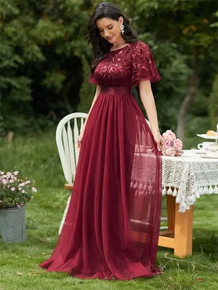 2023 New Women's Burgundy A-Line Sequin Mesh Leaf Maxi Prom Dress Sparkle Evening Dresses O-Neck Short Sleeve Long Dress - M & M Global