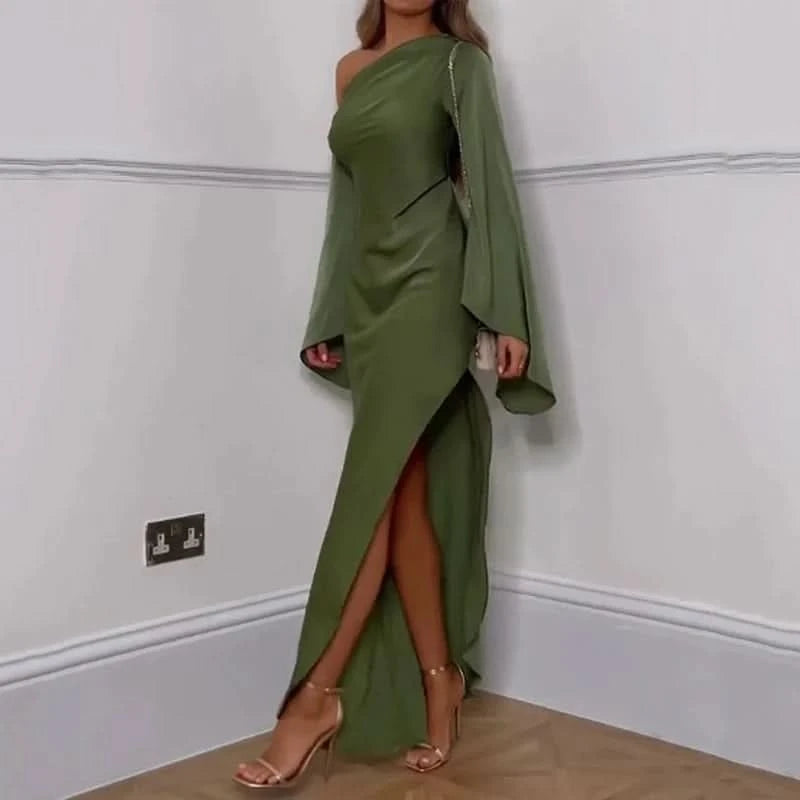 Ellafads Women Long Dress Autumn Fashion Solid Long Sleeve One Shoulder Off Shoulder Irregular Slit Satin Midi Dress Streetwear - M & M Global