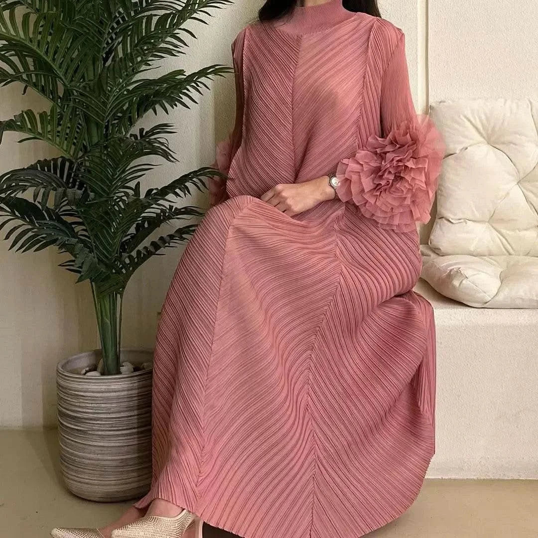 ANLAN Miyake Pleated Maxi Long Dress Mesh Petal Sleeve Half Turtleneck Formal Dresses for Women 2024 New Hot Sales 6KK9927 - M & M Global